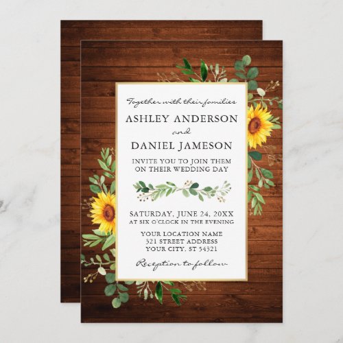 Watercolor Greenery Sunflowers Wood Photo Wedding Invitation