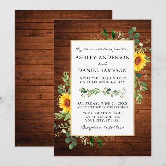 Watercolor Greenery Sunflowers Wood Wedding Invitation (Front/Back)
