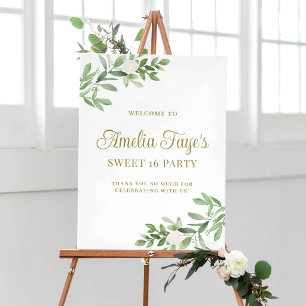 Watercolor Greenery Sweet 16 Party Welcome Poster