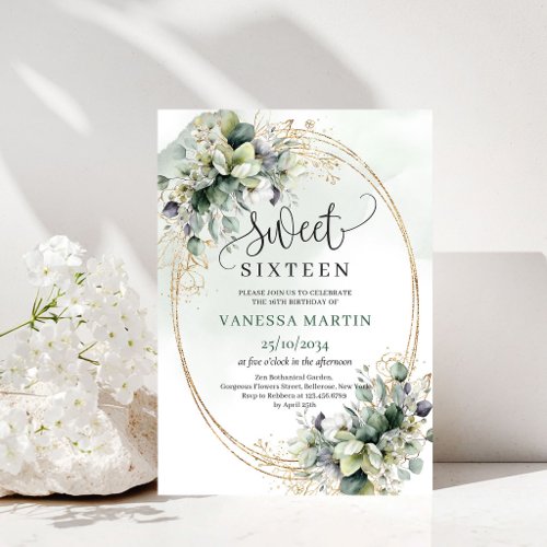 Watercolor Greenery Sweet 16 Sage Green Invitation