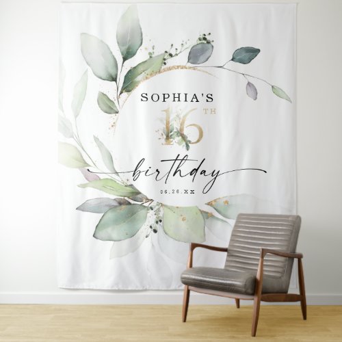 Watercolor Greenery Sweet 16th Birthday Backdrop