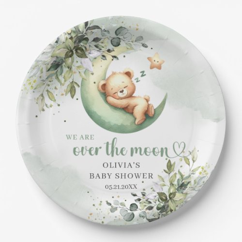 Watercolor greenery teddy bear over the moon paper plates