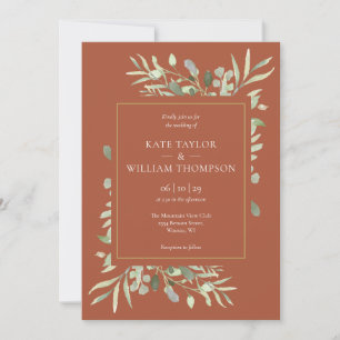 Watercolor Greenery Terracotta Gold Wedding Invitation