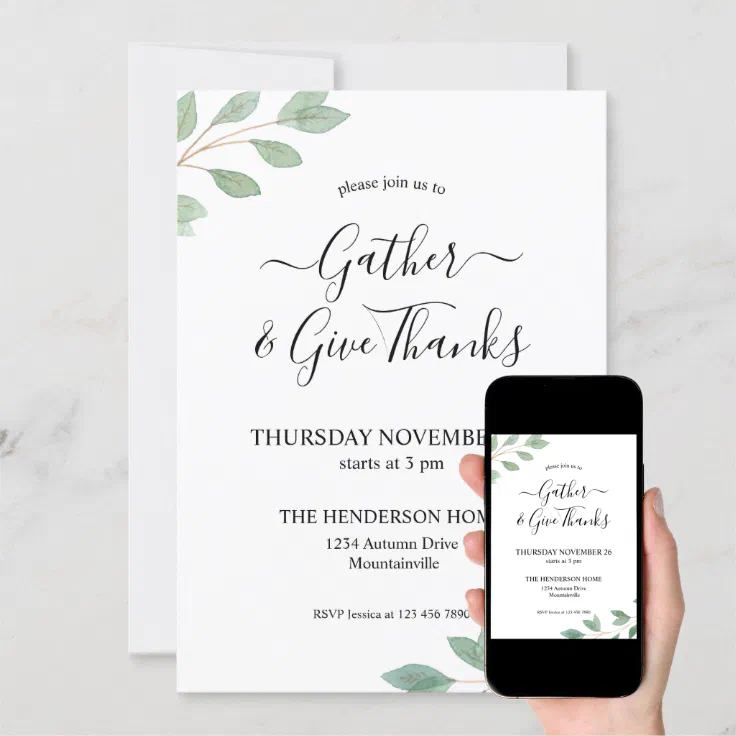 Watercolor Greenery Thanksgiving Dinner Invitation | Zazzle