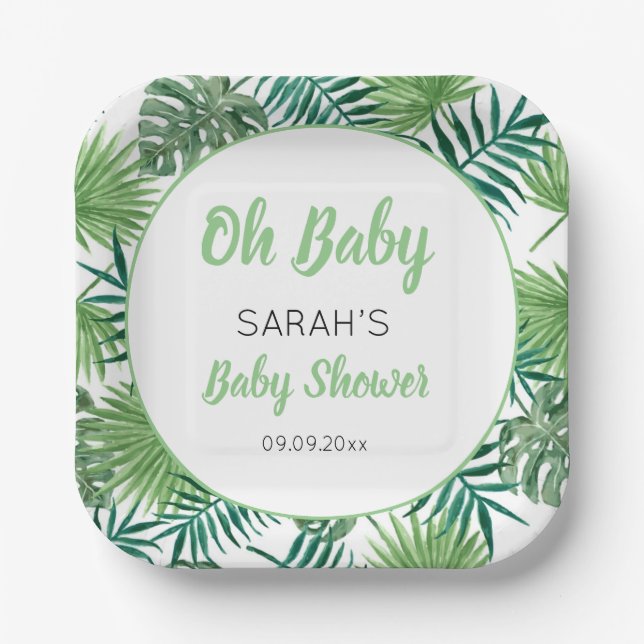 Watercolor Greenery Tropical Leaf Baby Shower Paper Plates (Front)