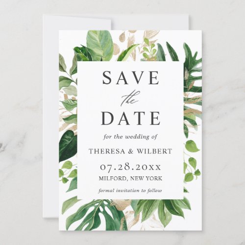 Watercolor Greenery Tropical Palm Leaves Wedding Save The Date
