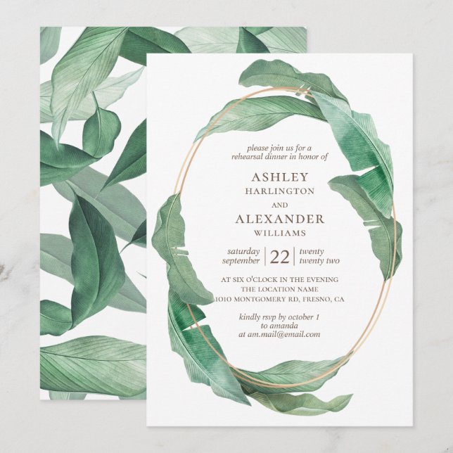 Watercolor greenery. Tropical rehearsal dinner Invitation (Front/Back)