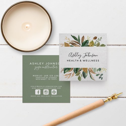 Watercolor Greenery Typography White  Green Square Business Card