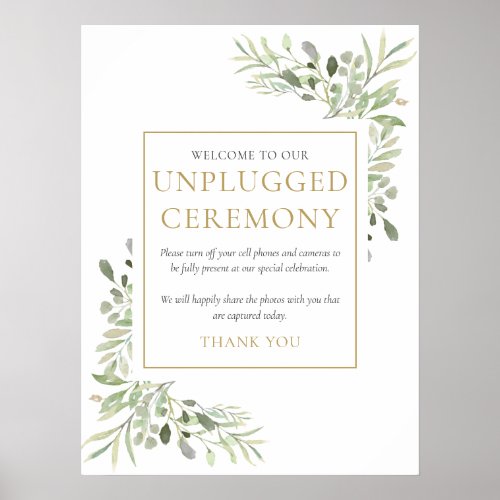 Watercolor Greenery Unplugged Ceremony Sign