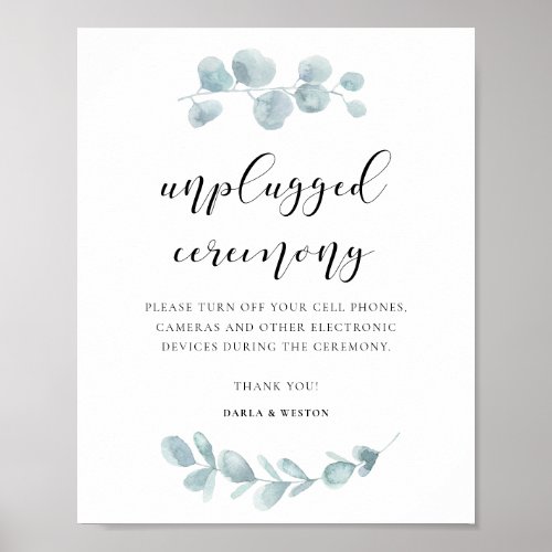 Watercolor greenery Unplugged wedding ceremony Poster