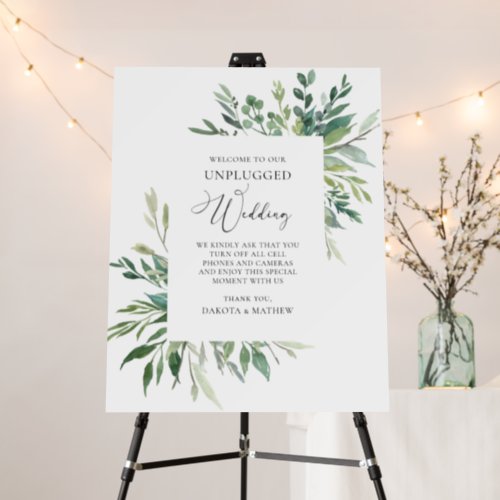 Watercolor Greenery Unplugged Wedding Welcome Sign