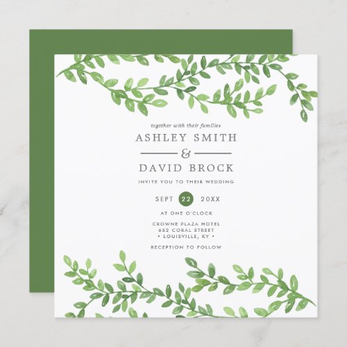 Watercolor Greenery Vine Leaves Modern Wedding Invitation