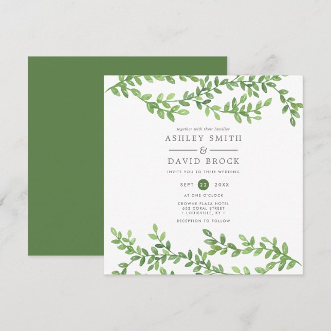 Watercolor Greenery Vines Modern Wedding Invitation (Front/Back)