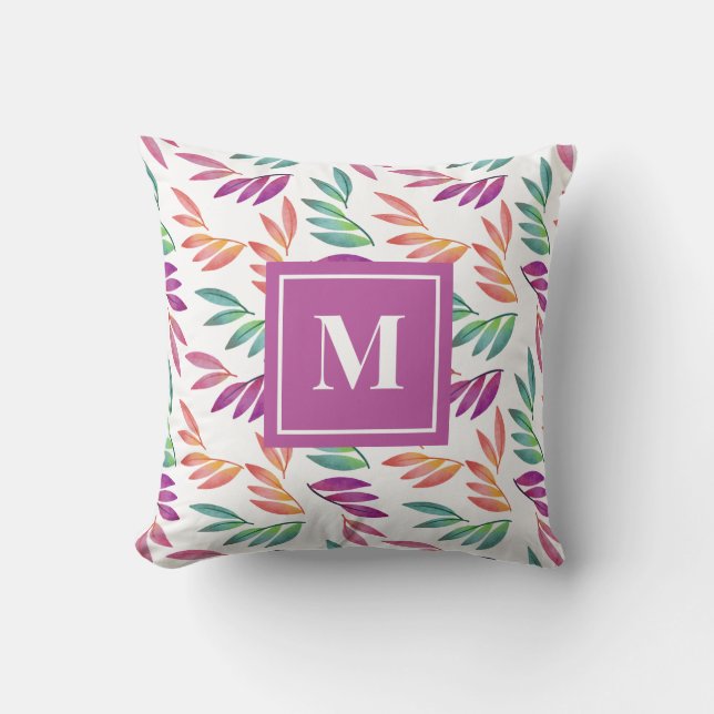 Watercolor Greenery Violet Green Pink Leave Throw Pillow (Front)