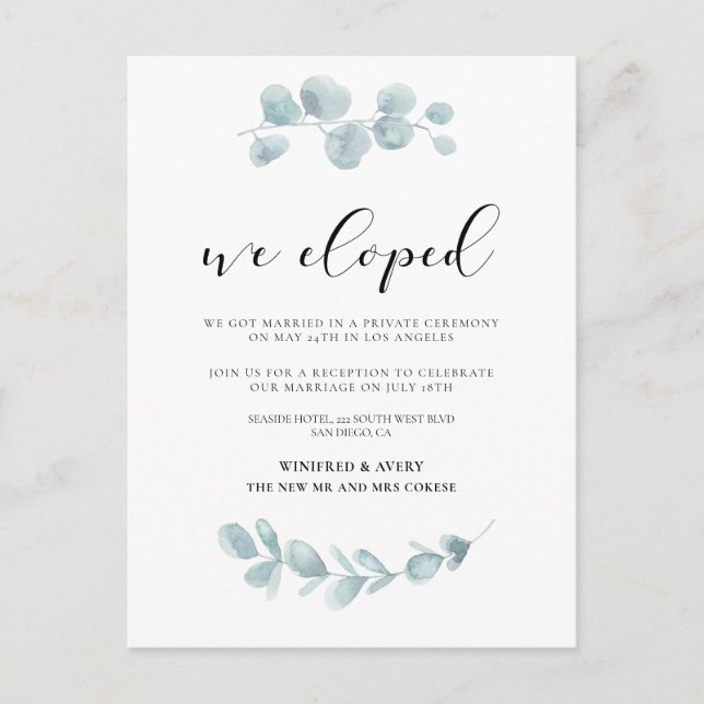 Watercolor greenery We eloped announcement Postcard (Front)