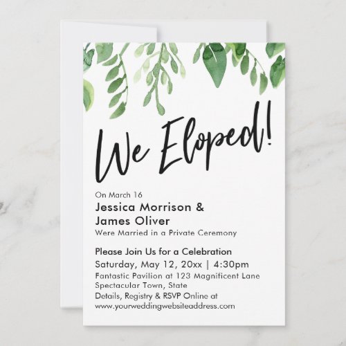 Watercolor Greenery We Eloped Reception Only Invitation