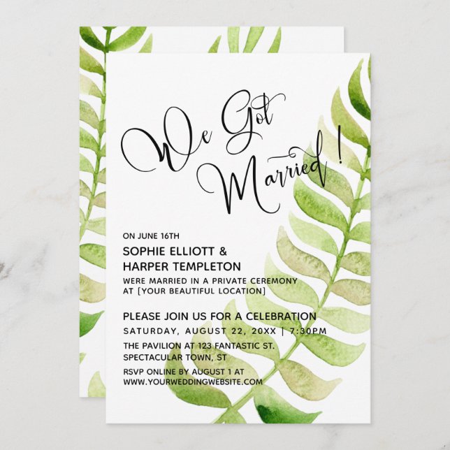 Watercolor Greenery We Got Married! Post-Wedding Invitation (Front/Back)