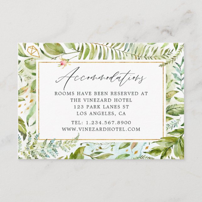 Watercolor Greenery Wedding Accommodations Enclosure Card (Front)