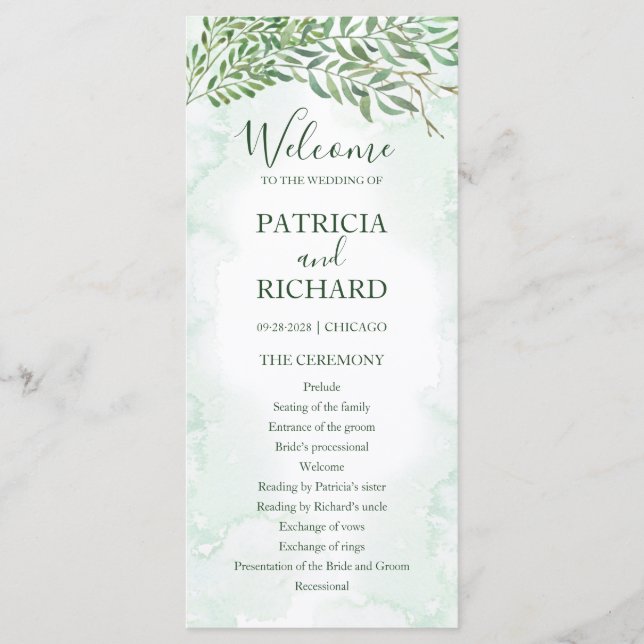 Watercolor Greenery Wedding Ceremony Program (Front)