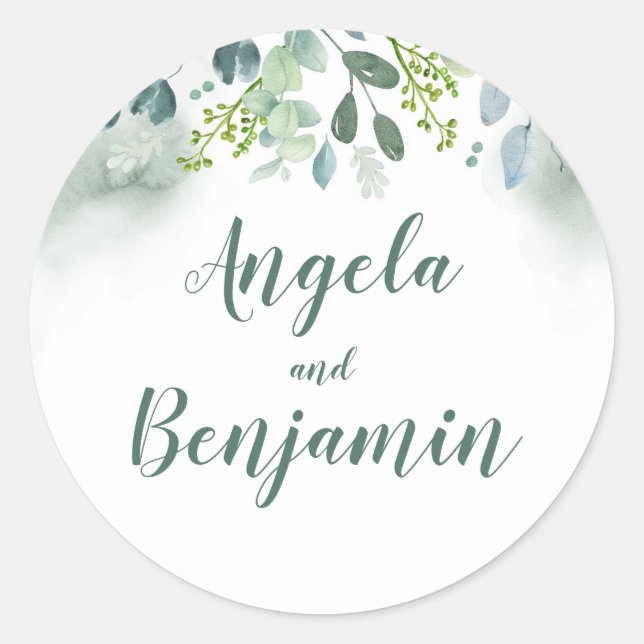 Watercolor Greenery Wedding Classic Round Sticker (Front)