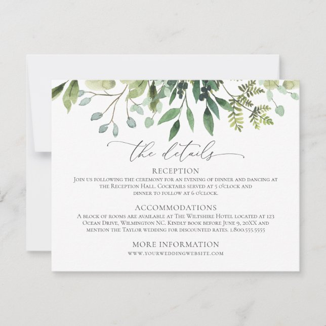 Watercolor Greenery Wedding Details Enclosure Card (Front)