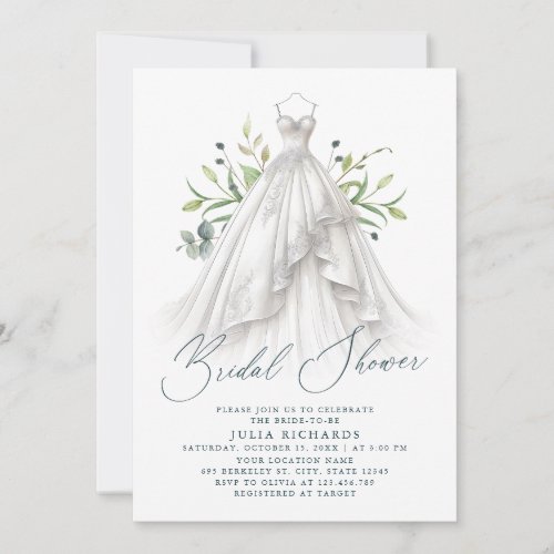 Watercolor Greenery Wedding Dress Bridal Shower Invitation