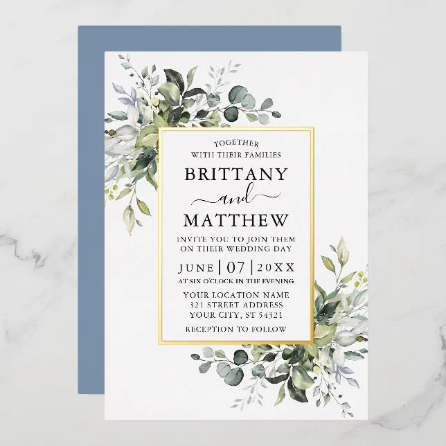 Watercolor Greenery Wedding Dusty Blue Gold Foil Invitation | Zazzle
