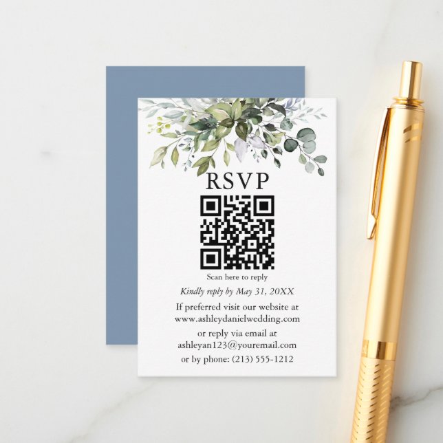 Watercolor Greenery Wedding Dusty Blue QR RSVP Enclosure Card (Front/Back In Situ)