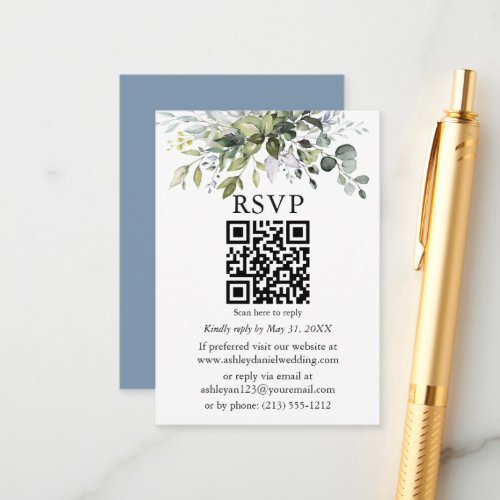 Watercolor Greenery Wedding Dusty Blue QR RSVP Enclosure Card
