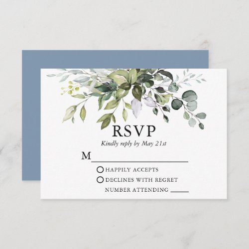 Watercolor Greenery Wedding Dusty Blue RSVP Card