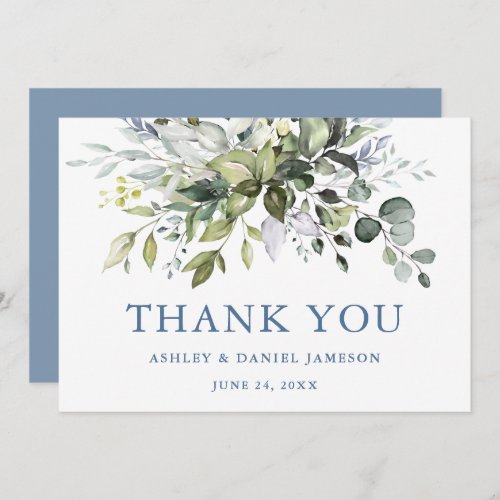 Watercolor Greenery Wedding Dusty Blue  Thank You Card