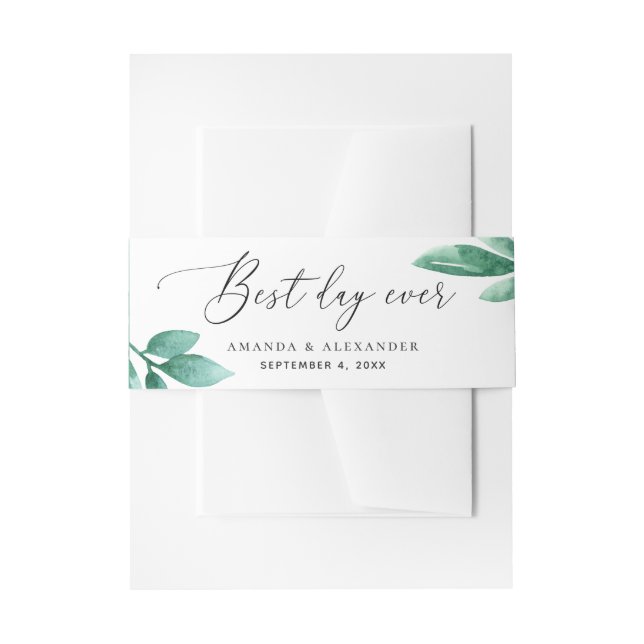 Watercolor greenery wedding. Elegant calligraphy Invitation Belly Band (Front Example)