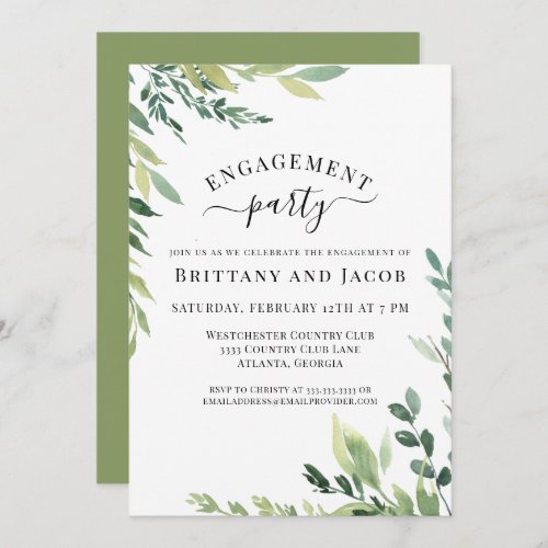 Watercolor Greenery Wedding Engagement Party Invitation