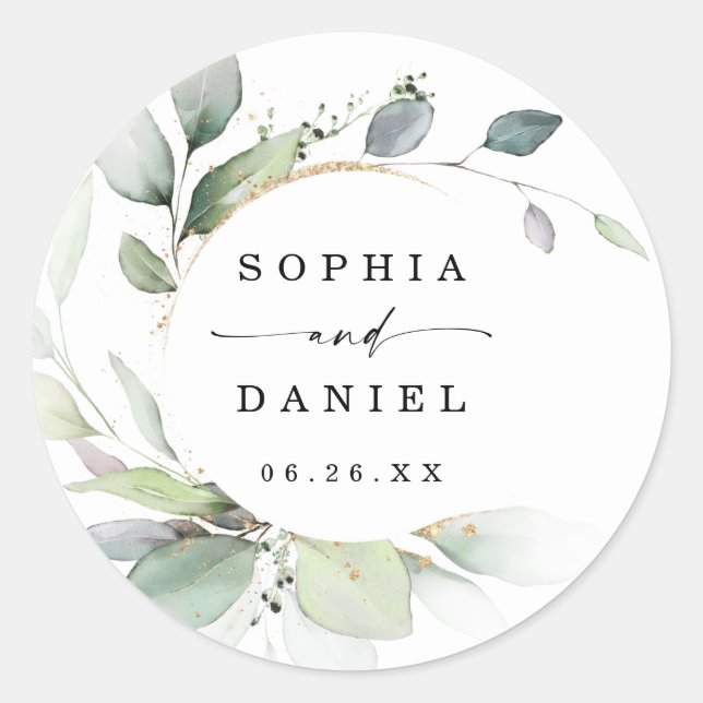Watercolor Greenery Wedding Favors Classic Round Sticker (Front)