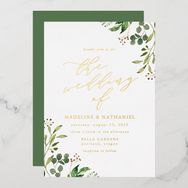 Watercolor Greenery Wedding Foil Invitation (Front/Back)