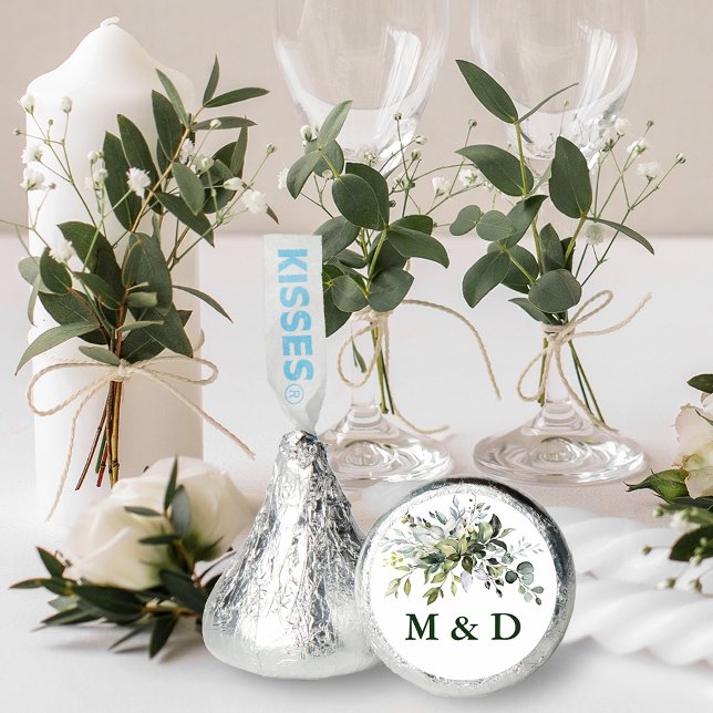 Watercolor Greenery Wedding Initials Green Text Hershey®'s Kisses® (Customize to change text size, style or color.)