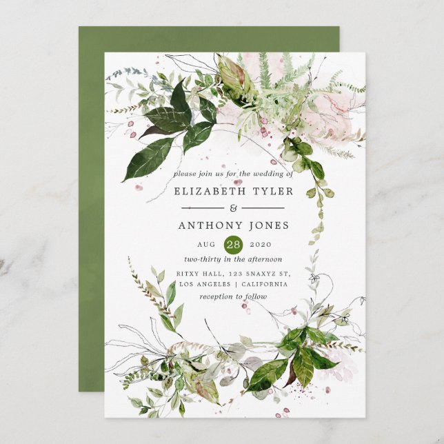 Watercolor Greenery Wedding Invitation (Front/Back)