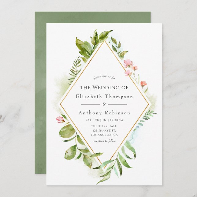 Watercolor Greenery Wedding Invitation (Front/Back)