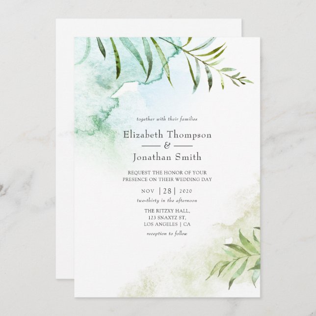 Watercolor Greenery Wedding Invitation (Front/Back)