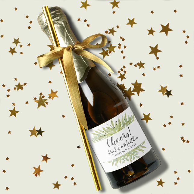 Watercolor Greenery Wedding Mini Sparkling Wine Label (Watercolor greenery wedding mini champagne labels for favors or to serve to guests)