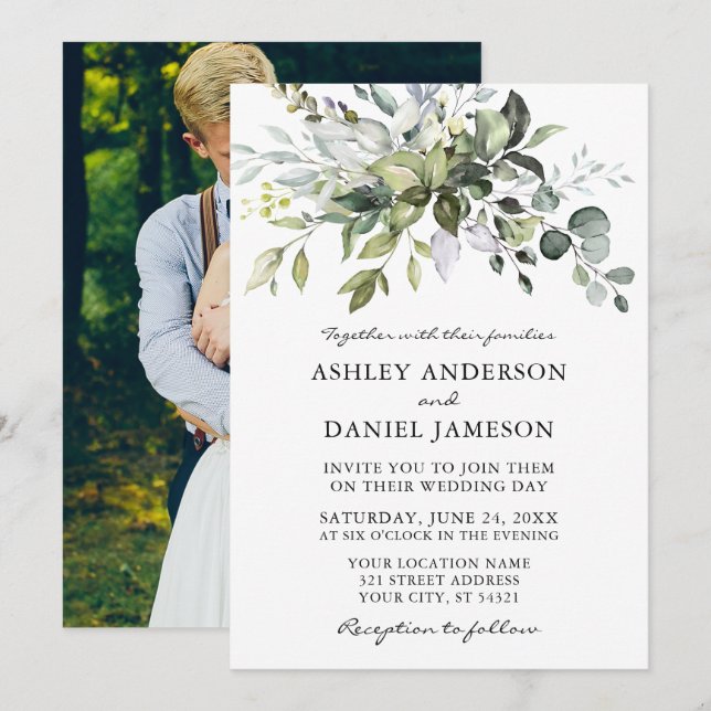 Watercolor Greenery Wedding Photo Back Invitation (Front/Back)
