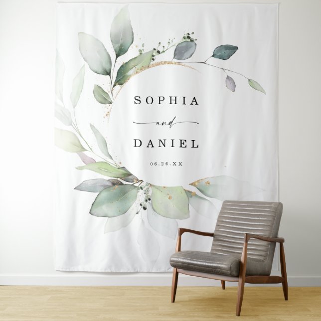 Watercolor Greenery Wedding Photo Prop Backdrop (In Situ)