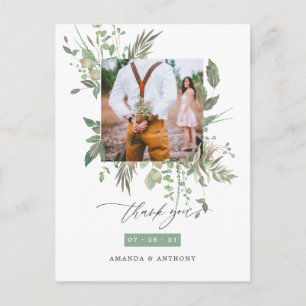 Watercolor Greenery Wedding Photo Thank You Postcard