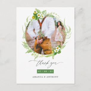 Watercolor Greenery Wedding Photo Thank You Postcard
