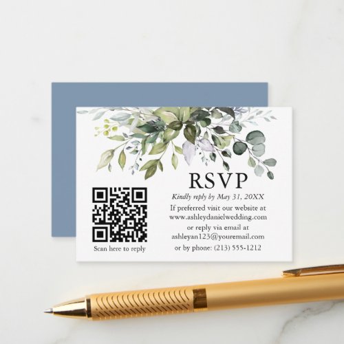 Watercolor Greenery Wedding QR RSVP Dusty Blue Enclosure Card