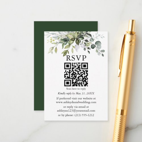 Watercolor Greenery Wedding QR RSVP Enclosure Card
