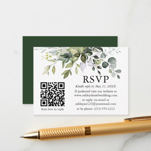 Watercolor Greenery Wedding QR RSVP Enclosure Card