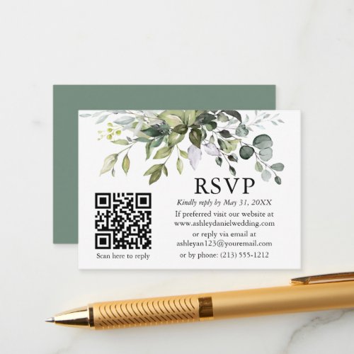 Watercolor Greenery Wedding QR RSVP Sage Green Enclosure Card