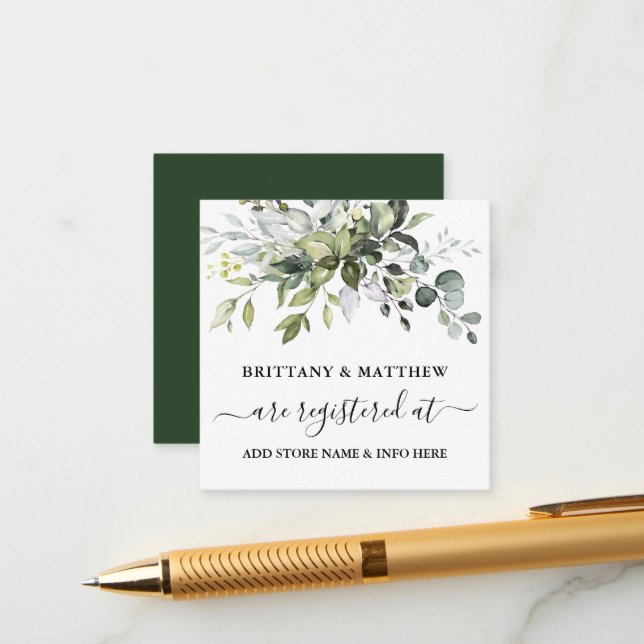Watercolor Greenery Wedding Registry Green Enclosure Card (Front/Back In Situ)