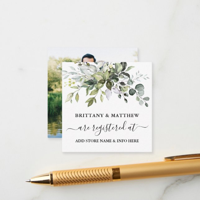 Watercolor Greenery Wedding Registry Photo  Enclosure Card (Front/Back In Situ)